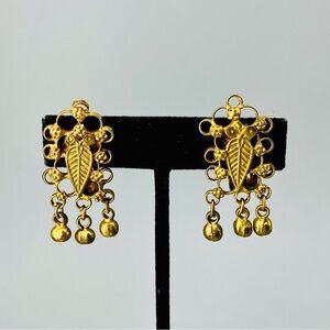 Vintage Ornate Byzantine Dangle Earrings Gold Opulent Ancient Greece Clip On